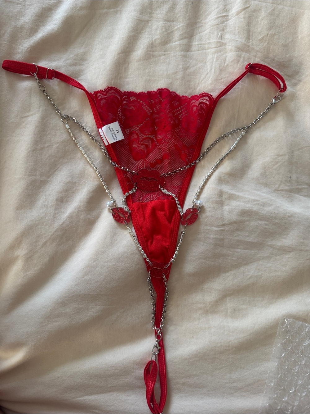 Red Lace and Chain G-String Thong Panty